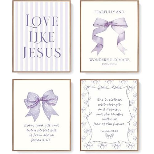 LARTSFRO Coquette Purple Bow Jesus Wall Art Decor Posters, Purple Bow Room Bedroom Bathroom Wall Art Decor Aesthetic for Teen Girls Gifts, Inspirational Bible Verses Bow Wall Decor, 10x8 Inch Set of 4 Bow Pictures Unframed