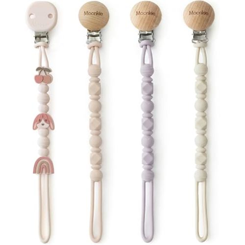 Moonkie Silicone Pacifier Clips for Baby – Durable One-Piece Binky Holder, Mixed Styles Paci Clips, Baby Essentials for Newborn Boys & Girls - 4 Pack (Bunny Bloom)