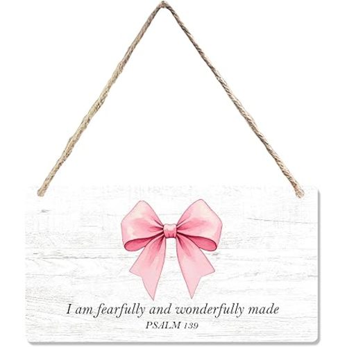CGBHW Coquette Pink Bow Bible Verses Wooden Sign, Girly Religious Christian Scripture Hanging Sign Wall Decor for Prayer Room, Fearfully And Wonderfully Made Door Decor 12 x 6 Inch