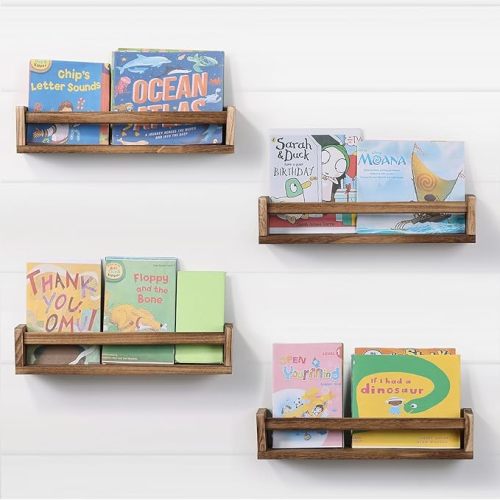 DUICIRX Nursery Room Shelves Set of 4, Wood Floating Book Shelves for Kids Room, Baby Book Shelf for Nursery, Kitchen Spice Rack (Carbonized)