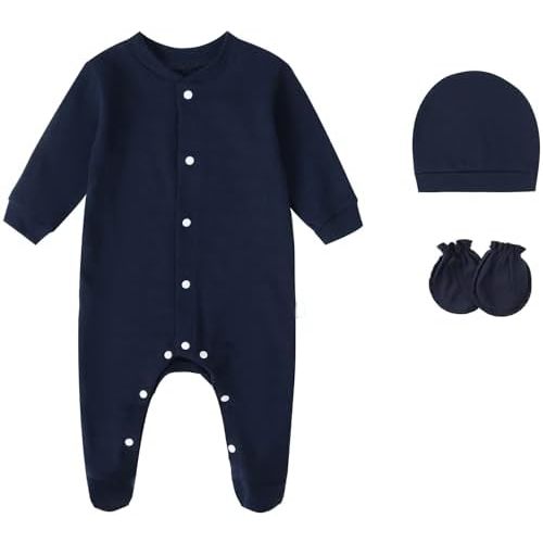 Baby Rompers 0~3 to 3-6 Months 100% Cotton Footies 3PCS Jumpsuit with Solid Hats Mittens Gloves
