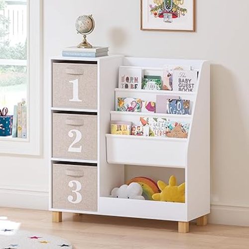 Spirich 3 Layer Sling Kids Bookshelf, Children Cube Storage Organizer with 3 Storage Bins, Wood Book Display Rack, Book Shelf for Kids Rooms, Playroom, Nursery, White