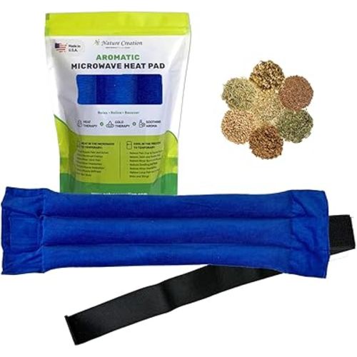 Nature Creation Microwaveable Herbal Heating Pad for Lower Back & Abdomen - Reusable Hot & Cold Pack for Comfort and Relaxation - Natural Heating Pad with Elastic Strap - Blue Corduroy