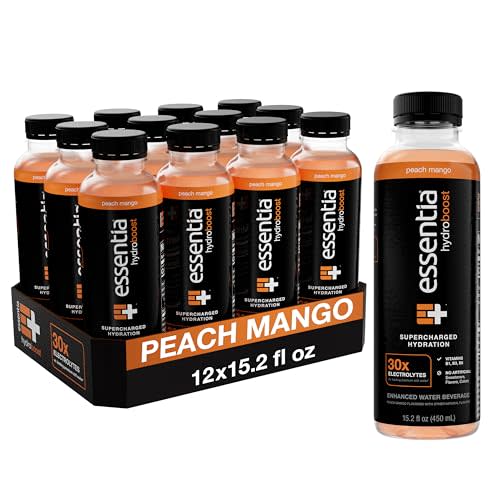 NEW Essentia Hydroboost Enhanced Bottled Water, 15.2 fl. oz. (450 mL), 12 Pack, Peach Mango, Hydrolyte Blend with B-Complex Vitamins and Electrolytes, Clean Taste & Supercharged Hydration