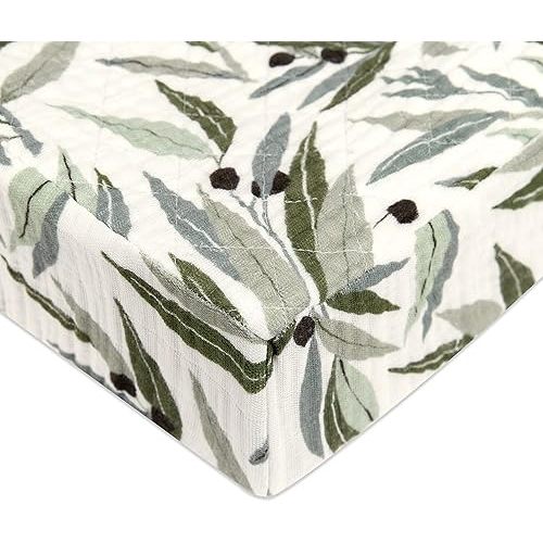 Babyletto 100% Quilted Organic Cotton Changing Pad Cover, GOTS-Certified, Fitted 360°, Ultra-Soft and Breathable Muslin - Olive Branches