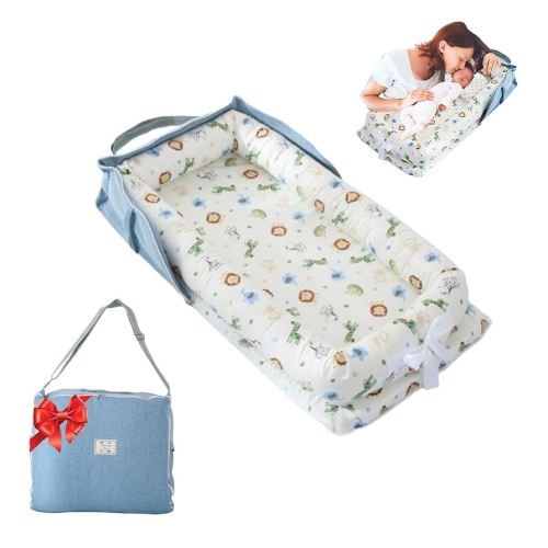 Baby Lounger for Newborn Portable Bag,Baby Nest Play Gym mat with Strap,Newborn Lounger Adjustable Size & Inner Zipper Lengthen Space to 24 Months,Animal World Blue