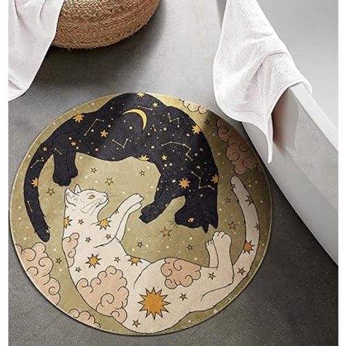 Estmy Cute Mystical Cat 2ft Round Bathroom Rug, Non Slip Washable Vintage Retro Abstract Celestial Circle Bath Mat, Faux Wool Soft Shaggy Bohemian Cute Animal Bath Rug