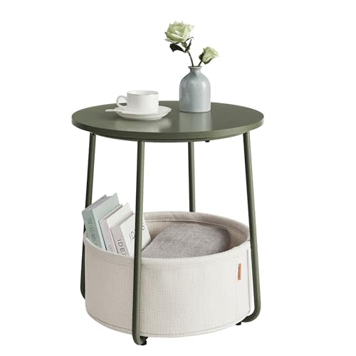 VASAGLE End Table, Small Bedside Table with Fabric Basket, Modern Nightstand, Round Side Table, for Living Room, Bedroom, Forest Green and Cream White ULET223C80