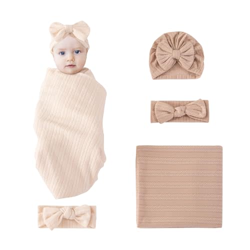Catteyonce 6 Pack 33.5" X 35.5" Baby Receiving Blanket with Matching Headband and Beanie Set Baby Swaddle Blankets for Newborn Boys Girls. (Khaki+Beige)