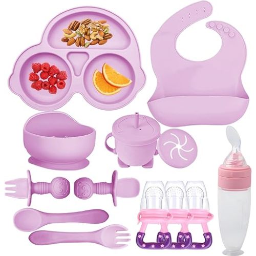 Silicone Baby Feeding Set, Baby Led Weaning Supplies Kit With Suction Bowl & Car Plate, Bib, Spoon, Fork, Cup - Food-Grade Silicone, Dishwasher-Safe, No BPAs - For 3+ Months