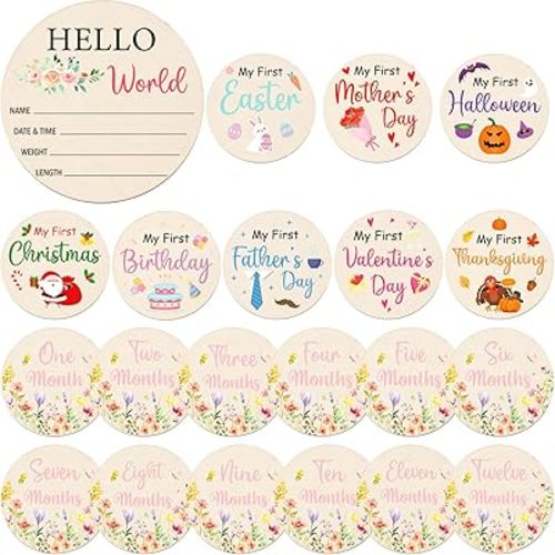 Wildflower Monthly Baby Milestone Signs, 11PCS Wooden My First Holiday Milestone Cards Newborn Halloween Christmas Gift, Baby Announcement and Hello World Newborn Sign