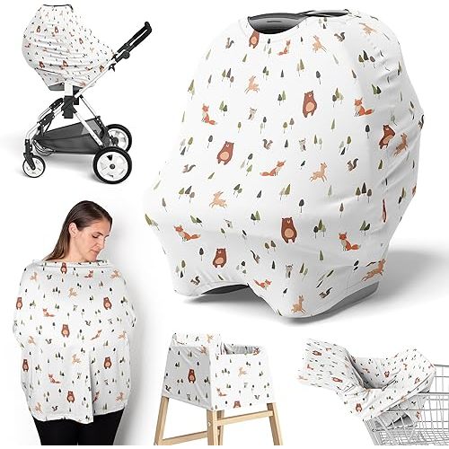 Sweet Jojo Designs Baby Car Seat Cover (Woodland Animals) for Girls & Boys, Infant Multipurpose Nursing, Breastfeeding, High Chair, Shopping Cart, Stroller, Carseat Canopy Carrier (Sage Green, Forest)