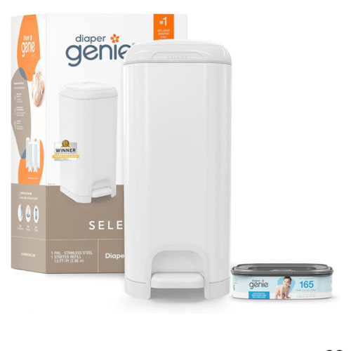 Diaper Genie Select Pail is Made of Durable Stainless Steel and Includes 1 Starter Square Refill That can Hold up to 165 Newborn-Sized Diapers.