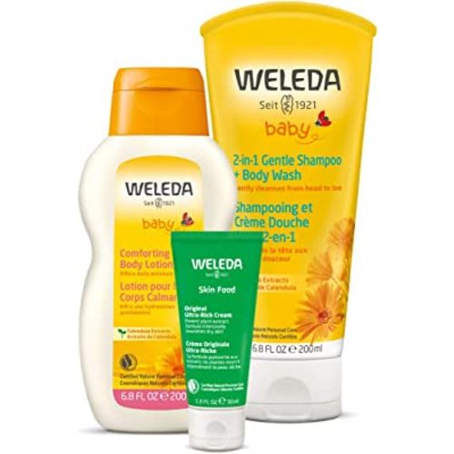 Weleda Mama and Baby Essentials 3-Piece Set, Baby Calendula 2-in-1 Shampoo and Body Wash, Baby Calendula Comforting Body Lotion, Skin Food