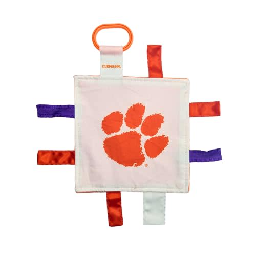 The Learning Lovey Clemson University Baby Tag Toy - College Baby Sensory Crinkle Toys - Soft & Safe - Ideal Baby Stroller Toy - BPA Free w/Stroller Clip (8" x 8" Tag Toy)