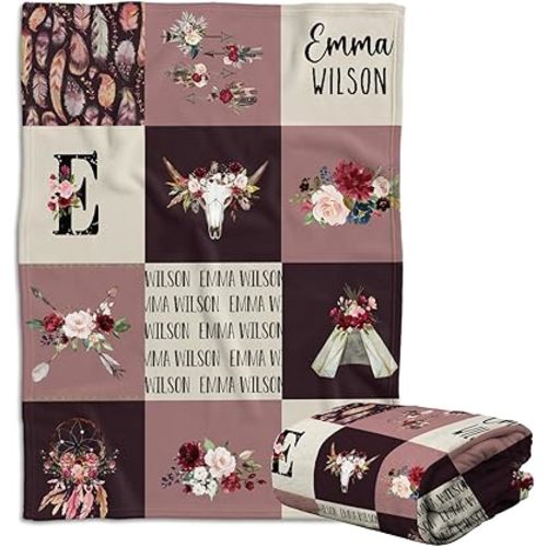 Baby Western Stuffs for Girl, Western Baby Blanket, Personalized Baby Blankets, Cowboy Baby Blanket Name, Custom Baby Blankets, Swaddle Blanket with Cow Skull Arrow Flowers for Crib Stroller Bed