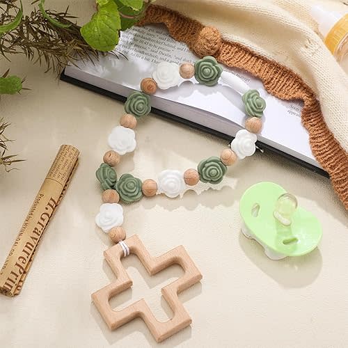 Cross Baptism Silicone Rosary Silicone Ten Year Rosary Baby Shower Baptism Party Supply Catholic First Communion Gift Christian Communion Party Decorations(Rose,Sage Green)