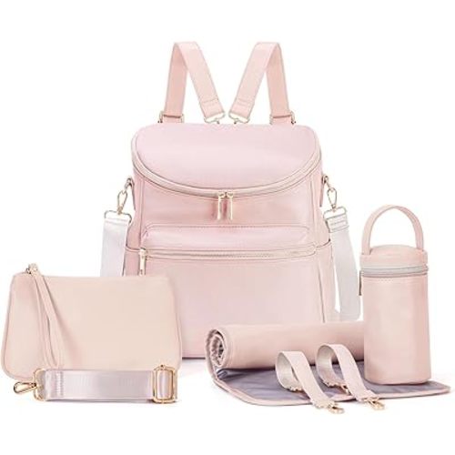Minsong Diaper Bag Backpack, Fashion Leather Mommy Backpacks, Travel Baby Diaper Bags with in Bag Organizer and Changing Pad (Pink)