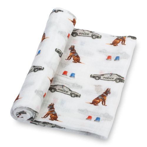 LollyBanks Muslin Swaddle Blanket – 100% Cotton Baby Wrap 47”x47”, Soft Newborn Receiving Blanket, Nursery Essential (Police Dog Print)