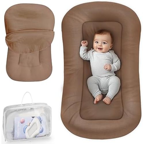 Baby Lounger - Baby Lounger for Newborn, 0-24 Months, Infant Lounger for Home and Travel, Soft Cotton, Baby Nest Lounger, Newborn Babies Essentials Gifts, Brown (Lounger Cover Included)