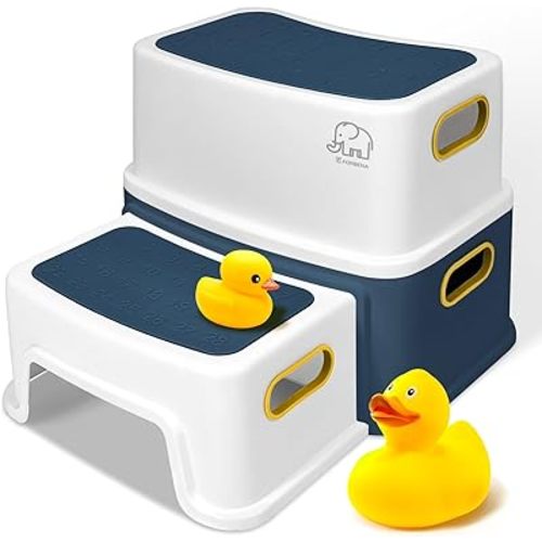 Forbena Toddler Step Stool for Bathroom Sink, Two Step Stool for Kids Toilet Potty Training, Toddlers Baby Child Kid Plastic Poop Stools with Handles for Kitchen Counter Bed (Navy Blue-Yellow)