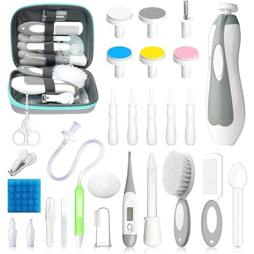 Baby Healthcare and Grooming Kit, 28 in 1 Portable Baby Essentials Kit Electric Nail Trimmer Set with Gas Relief Hair Brush Comb Nasal Aspirator for Newborn Boys Girls (Grey White)