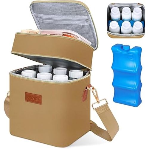 PIIOSER Breastmilk Cooler Bag with Ice Pack Fits 6 Baby Bottles Up to 9 Ounce, Insulated Baby Bottle Tote Bags, Double Layer Waterproof Leak-Proof with Shoulder Strap for Nursing & Working Mom (Brown)