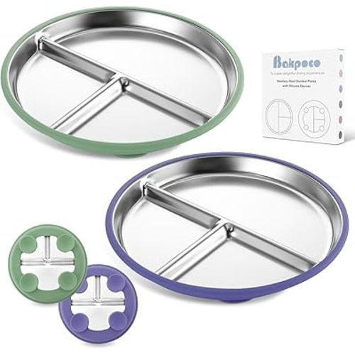Stainless Steel Toddler Plate with Suction, 9” Divided Plates with Removable Silicone Sleeves for Baby, Non Toxic & BPA Free | Non Slip | Unbreakable Kids Snack Dishes Set of 2, Green & Purple