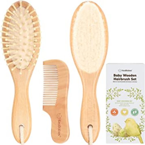 Baby Hair Brush and Comb Set for Newborn - Wooden Baby Hair Brush Set with Soft Goat Bristle, Baby Brush Set for Newborns, Baby Brush and Comb Set Girl, Boy, Toddler Cradle Cap Brush (Oval, Walnut)