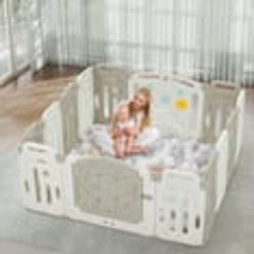 Baby Playpen,Foldable Plastic Playpen for Babies and Toddlers,14 Panels Fence with Lockable Door,Music Player,Soccer Goal,Spinning Gears,Gray and White