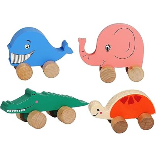 TOWO Wooden Cars for Toddlers - Animals on Wheels - Vehicles Sensory Grasping Motor Skill Toy –Push and Go First Trucks for Baby 12 Months 1 Year Old