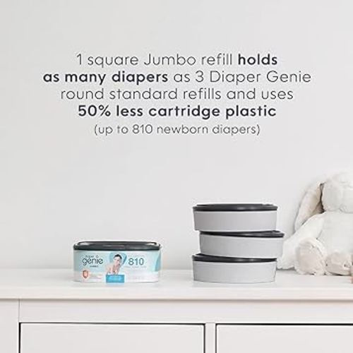 The Diaper Genie Jumbo Square Refill, with Continuous Film, can Hold up to 810 Newborn-Sized Diapers per Refill.