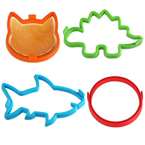 Kamehame Silicone Pancake Molds for Shark, Round, Cat, Dinosaur Shape Pancakes, 4 Pack Nonstick Pancake Shaper for kids, Fun Shapes Cake Ring Mold for Griddle Cooking