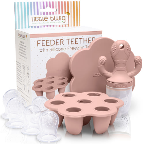Little Twig Silicone Baby Fruit Feeder and Teether Set with Breastmilk Popsicle Freezer Molds, Rose