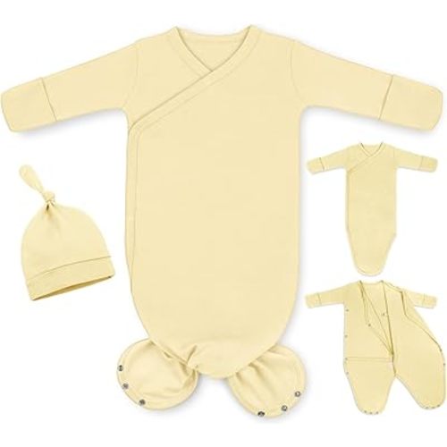 MVUOCR Baby Knotted Gowns Girl Newborn, Soft Cotton Baby Sleepers Gown, Infant Outfit Sleepers Gowns Girls and Boys, Baby Gown Sleepwear Coming Home Outfit and Show Gifts with Hat Set Apricot