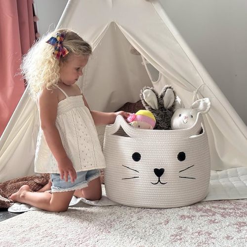 Large Woven Cotton Rope Storage Basket, Baby Laundry Basket Organizer for Towels, Blanket, Toys, Clothes, Gifts | Pet Gift Baskets for Cat, Dog - 15.7" L×11.8" H