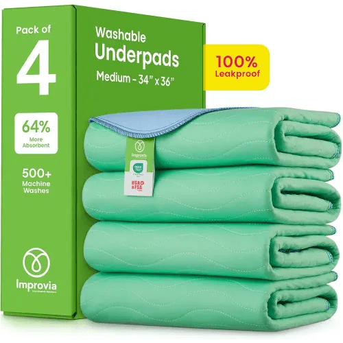 IMPROVIA® Washable Underpads, 34" x 36" (Pack of 4) - Heavy Absorbency Reusable Bedwetting Incontinence Pads for Kids, Adults, Elderly, and Pets - Waterproof Protective Pad for Bed, Couch, Sofa, Floor