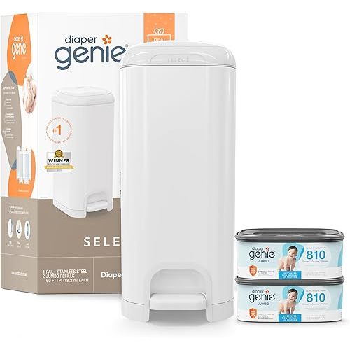 Diaper Genie Select Pail Registry Gift Set (White) | Made of Durable Stainless Steel Metal | Includes 2 Jumbo Refills | Holds 1620 Newborn Diapers