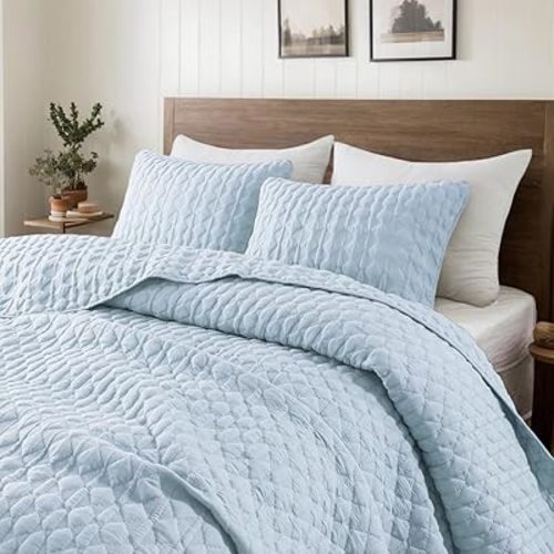 WDCOZY Light Blue Quilts Queen Size Bedding Set with 2 Pillow Shams, Lightweight Soft Full Bedspread Coverlet, Thin Comforter Bed Cover for All Season, 3 Pieces, 90x90 inches