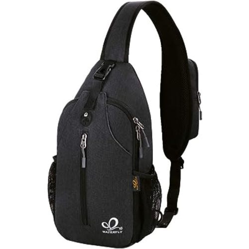 WATERFLY Crossbody Sling Backpack Sling Bag Travel Hiking Chest Bag Daypack (Black)