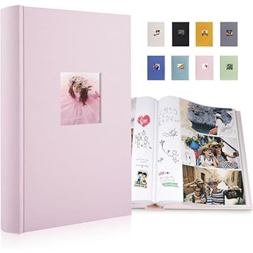 Luxury Fabric Photo Album 4x6 With Writing Space Acid Free Pockets Holds 300 Photos with Memo, 3 Per Pages Photobook Album for Wedding Vacation Family Pink