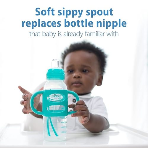 Dr. Brown's Natural Flow® Anti-Colic Options+™ Narrow Bottle to Sippy Gift Set with Soft Silicone Sippy Spout, Removable Silicone Handles, Travel Cap and Bottle Brush - Bottle to Sippy Gift Set, Blue