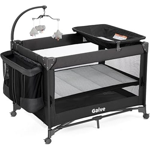4 in 1 Baby Bassinet, Pack and Play, Bedside Crib Sleeper, Diaper Changer – Includes Comfy Mattress, Rocking Toy for Newborns to Toddlers (Black)