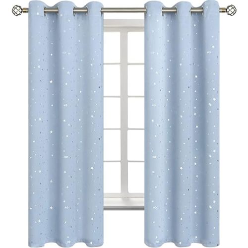 BGment Star Room Darkening Curtains for Kids Bedroom - Grommet Thermal Insulated Silver Star Print Kids Curtains for Living Room, Set of 2 Panels, Baby Blue, 42 x 63 Inch
