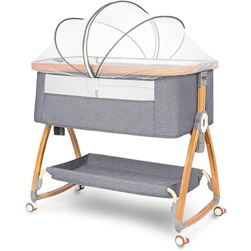 Baby Bassinet, Bedside Bassinet for Baby, 6 Height Adjustable Baby Bed, 3 in 1 Bassinet Bedside Sleeper with Wheels, Mosquito Net, Portable Bedside Crib for Infant/Baby/Newborn (Light Grey)