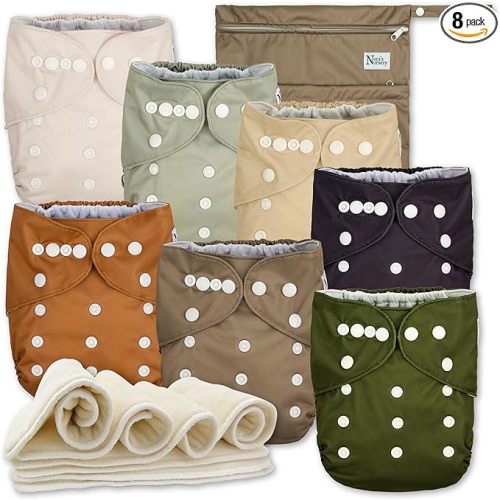 Nora's Nursery AWJ Cloth Diapers 7 Pack with 1 Wet Bag - Waterproof Cover, Washable, Reusable & One Size Adjustable Pocket Diapers for Newborns and Toddlers - Down to Earth