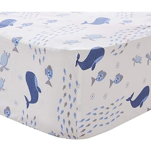 Levtex Baby - Boho Bay Sealife Crib Fitted Sheet - Fits Standard Crib and Toddler Mattress - Tossed Whale, Fish, Turtles - Navy, Blue, Grey, White - Nursery Accessories - 100% Cotton