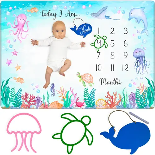 Baby Monthly Milestone Blanket Boy and Girl - Extra Soft Fleece Blanket for Baby Shower - Milestone Blanket Baby Boy and Girl Nursery Decor - Capture Baby Growth - with Whale Chalkboard + 2 Frames