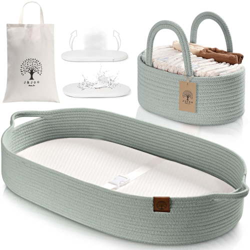 Baby Changing Basket Includes Diaper Caddy - Breathable & Waterproof Dual-Cover, Portable, Changing Pad for Dresser & Changing Table, Gift for Baby Shower, Cotton Rope Basket for Baby