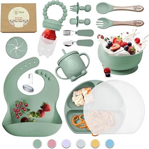 O'doe 17-Piece BPA-Free Silicone Baby Feeding Set | Thick & Soft Suction Plates, Baby Bowls, Wooden Fork & Spoon, and More | Make Mealtime Fun and Easy for Your Little One (Green, V2)